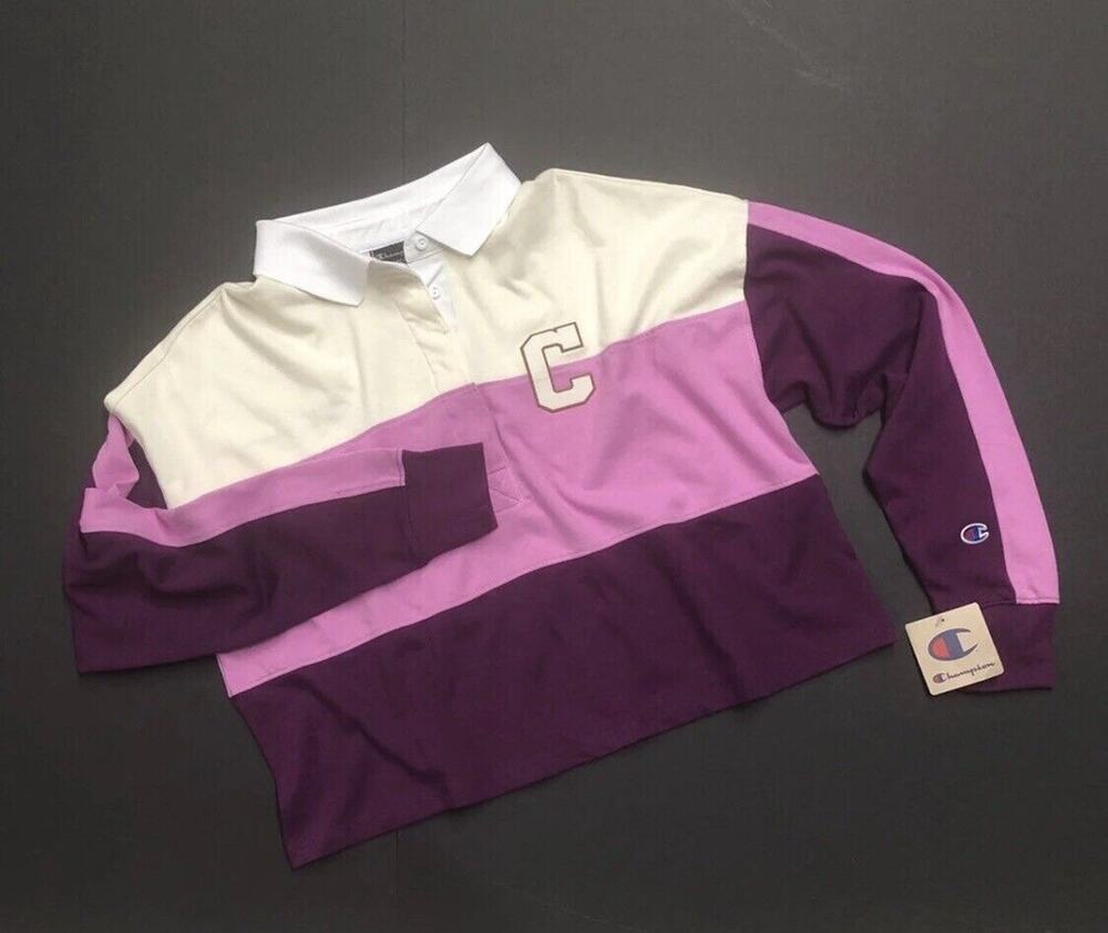Champion Womens Crop Top Polo Shirt Rugby Collar Size L Colorblock Pink Large